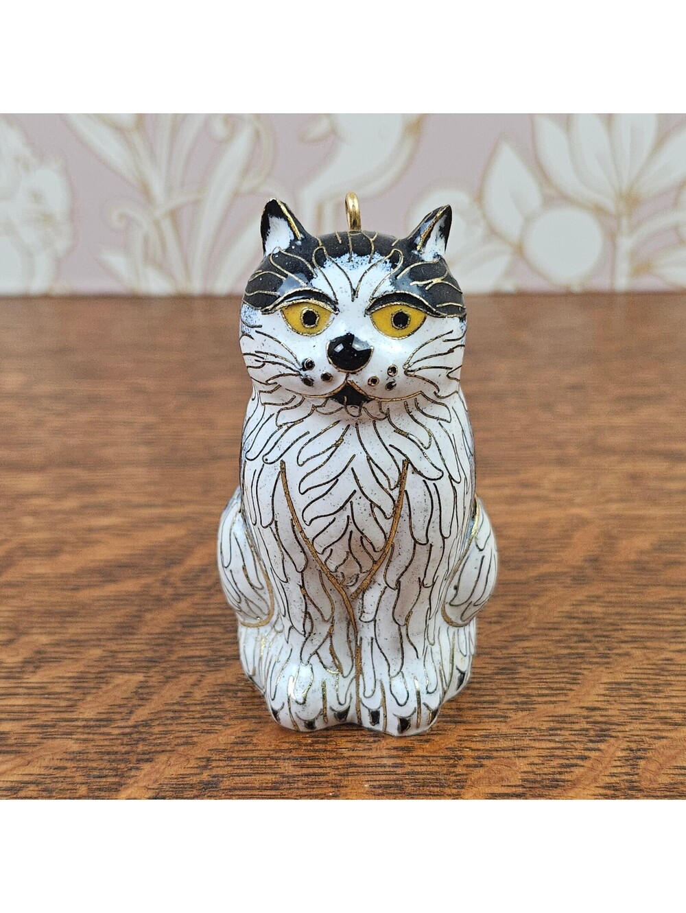 Vintage Cloisonne Cat Ornament Black White Enamel Gold Tone 3.5 Inch